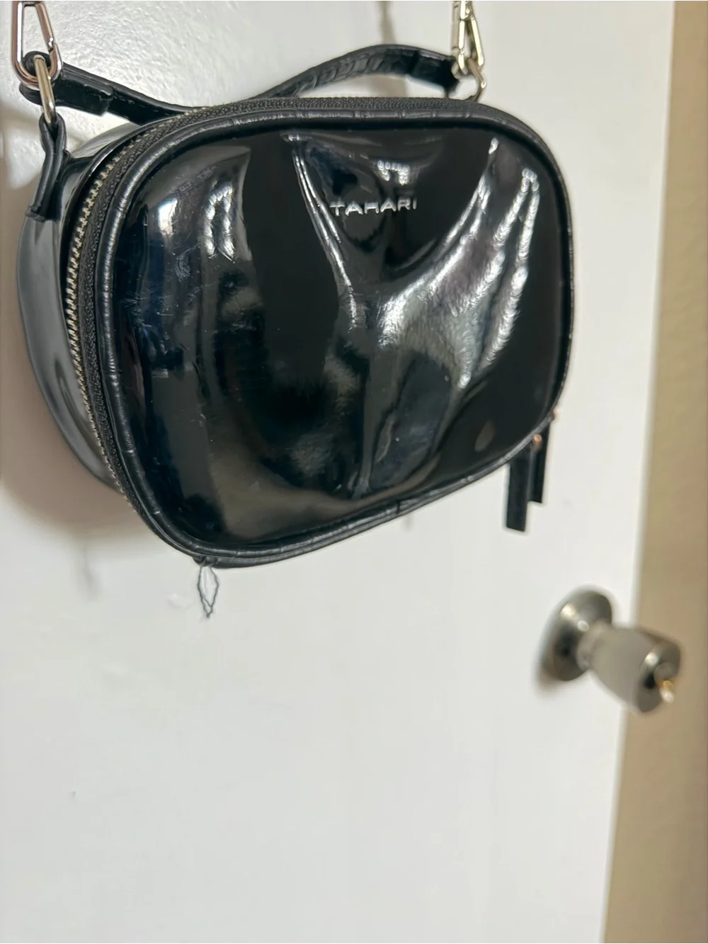 Tahari Black Patent Crossbody Camera Bag